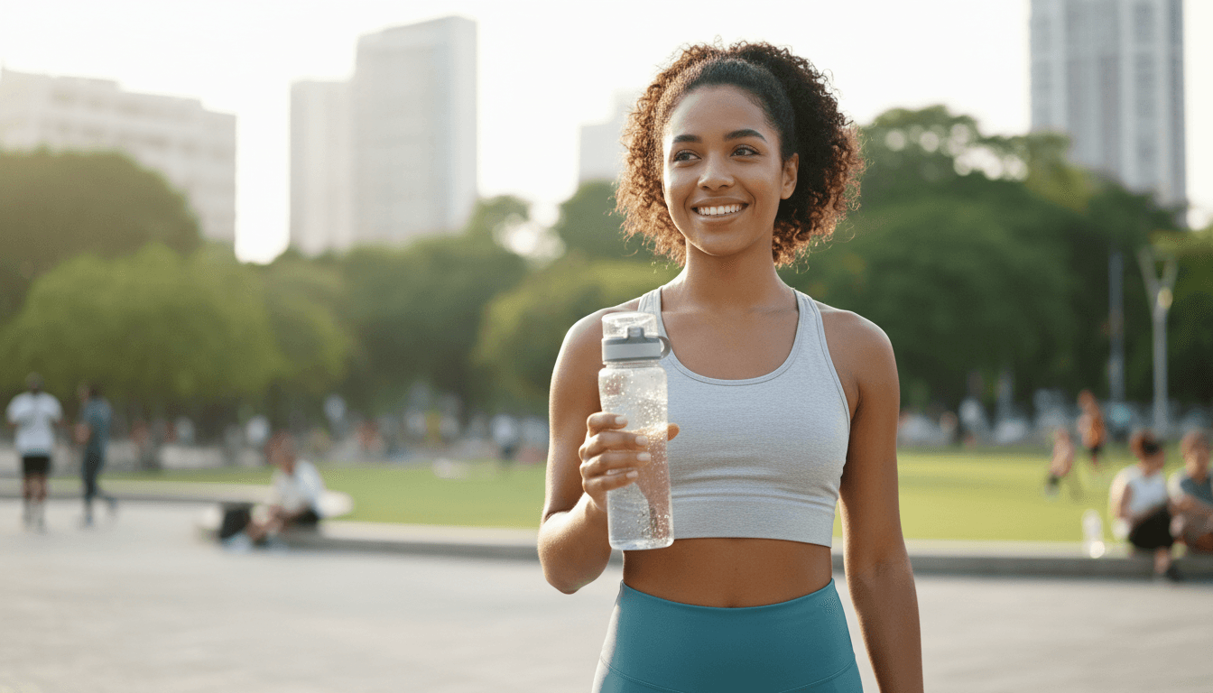 Woman with water bottle smiling confidently outdoors in morning light