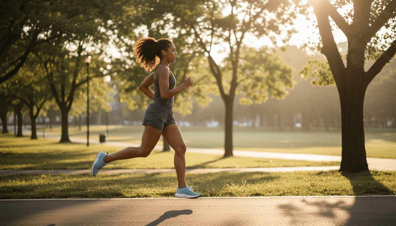 Person running energetically outdoors in morning sunlight, embodying health and fitness transformation