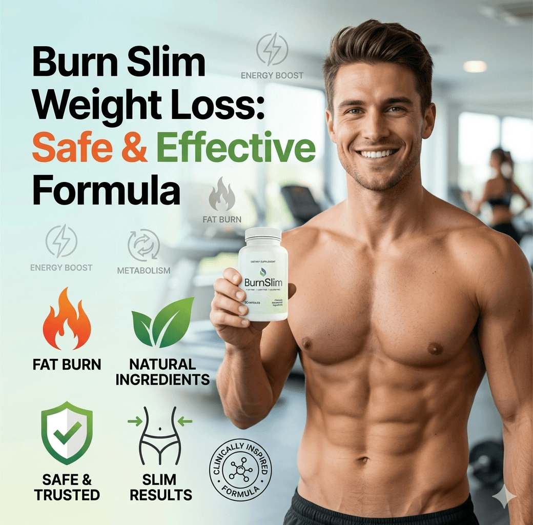 Muscular man holding Burn Slim weight loss supplement bottle in a gym with health benefits.